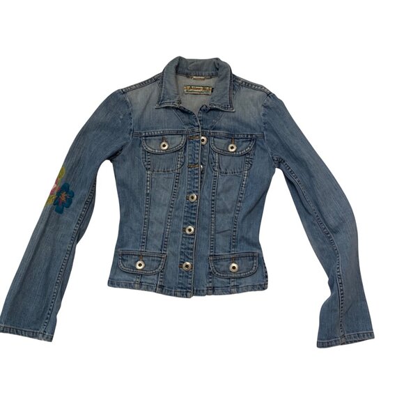 VTG Peacock Embroider Jean Jacket Extra Long Sleeves Y2K Fairygrunge dopamine - Picture 9 of 15